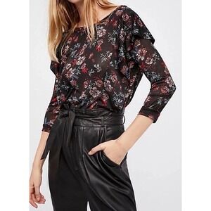 Free People Top Blouse Womens Small Black Floral Whimsigoth Dark Cottagecore NWT